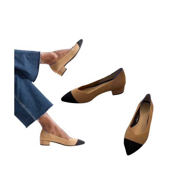 Rothy’s The Point Flats Tan Black Cap Toe Women’s Size 9 Woven Knit Shoes - Picture 1 of 9